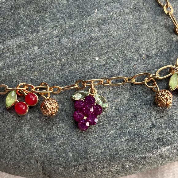 Fruity Charm Bracelet Rhinestones Enamel on Gold Paperclip Chain Dainty NEW Cute - Picture 6 of 7
